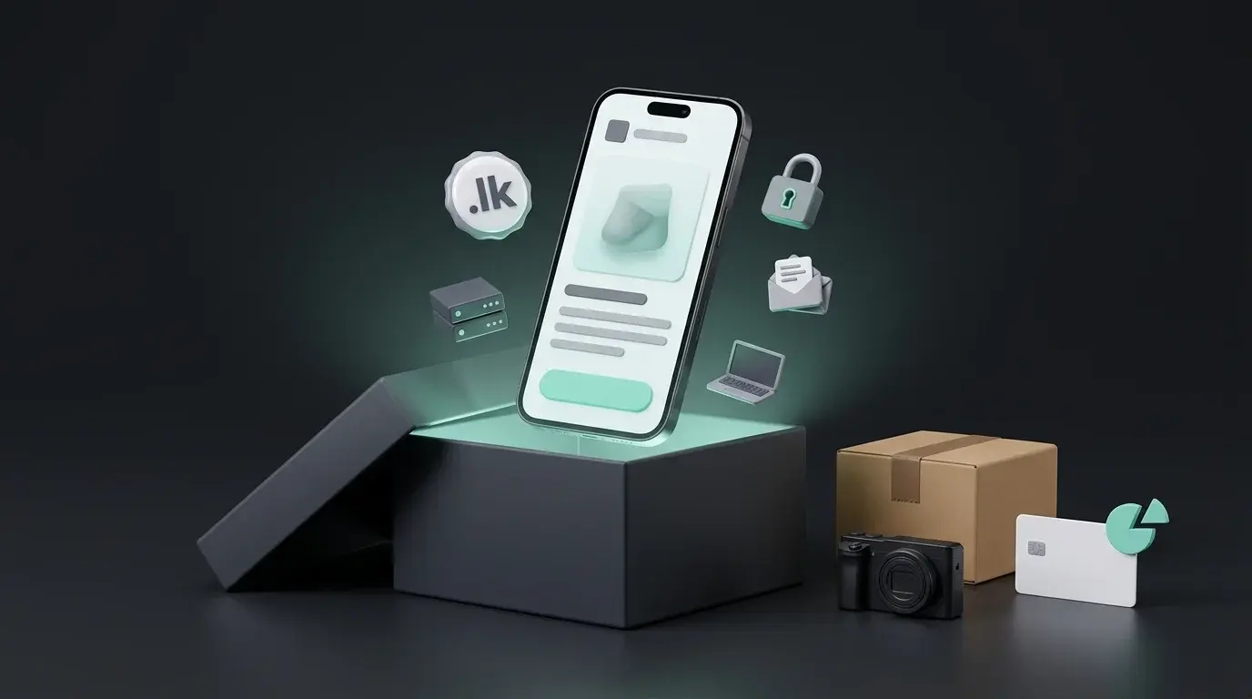 An open package box with an online shop on a phone rising from it, surrounded by icons for domain, hosting, security, email and devices, with a courier parcel, a camera and a payment card set apart as separate costs, illustrating e-commerce website prices in Sri Lanka.