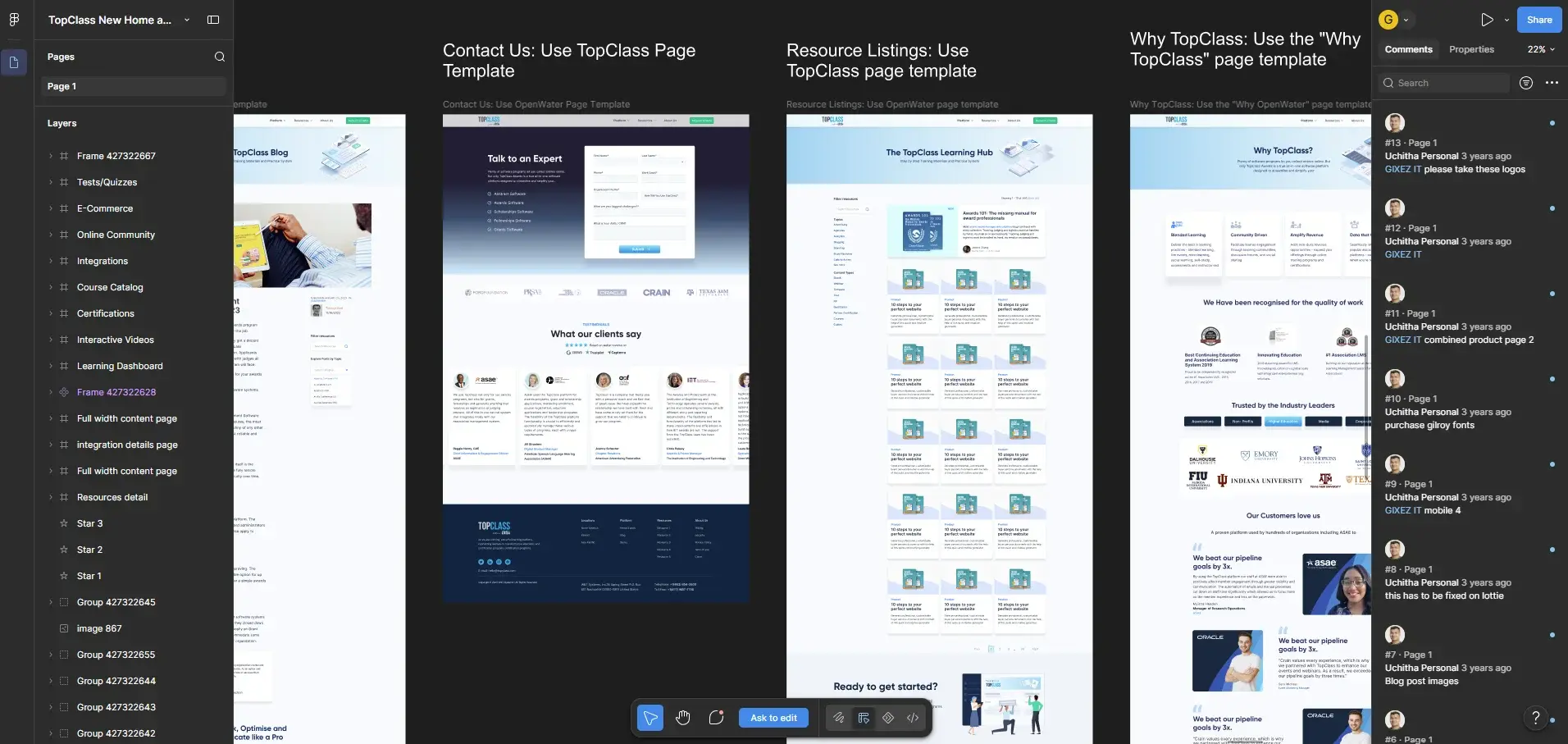 TopClass LMS homepage and product page designs in Figma