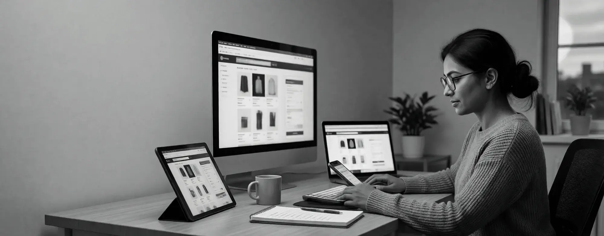A QA engineer testing an online shop on a desktop monitor, a laptop, a tablet and a phone at a home desk