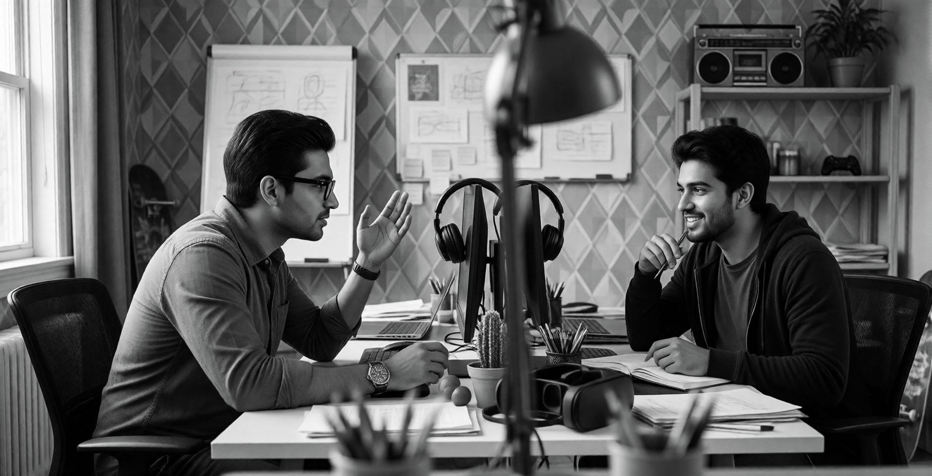 Two web designers discussing a project at a shared desk, with wireframe sketches on the boards behind them